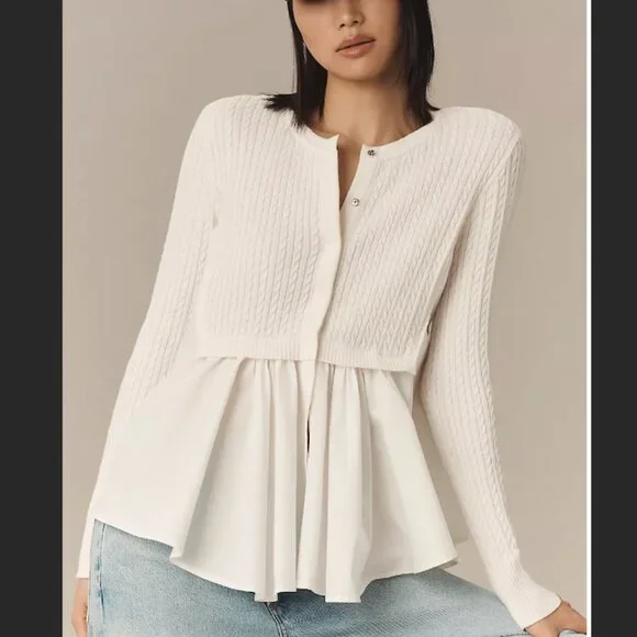 NWT ANTHROPOLOGIE TWOFER CABLE CARTIGAN SWEATER--IVORY WHITE--MEDIUM--WOMEN'S - Picture 2 of 9